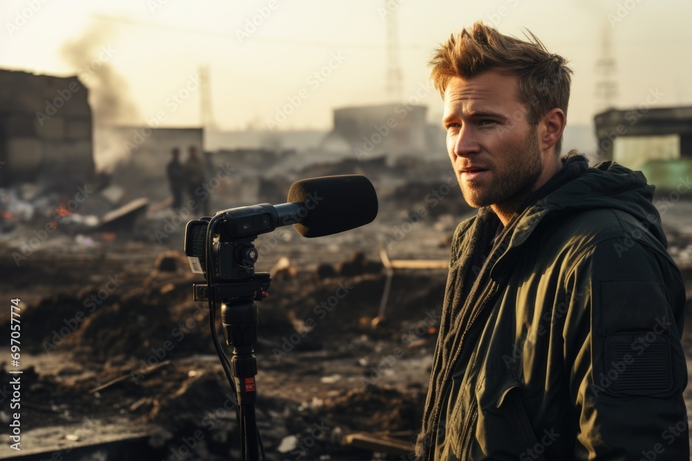 Journalist Exploring A journalist with a microphone, exploring stories, conducting ...