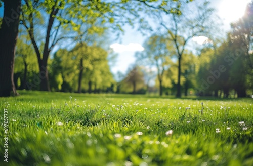 Sunlight filters through the foliage, casting a soft glow on the grass in a peaceful park