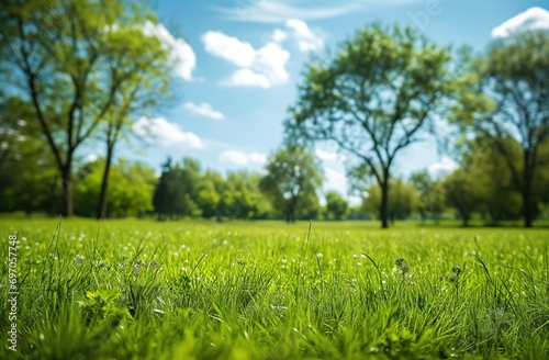 A bright summer day captured in a lush green park, with light casting shadows over the vibrant grass