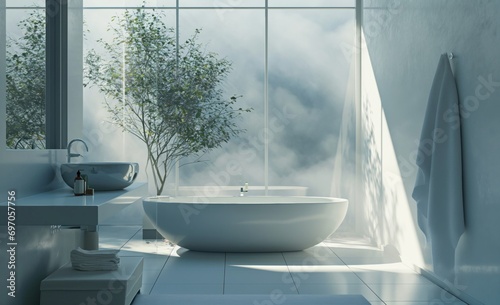 Modern luxury bathroom featuring a freestanding tub and large window with nature surround