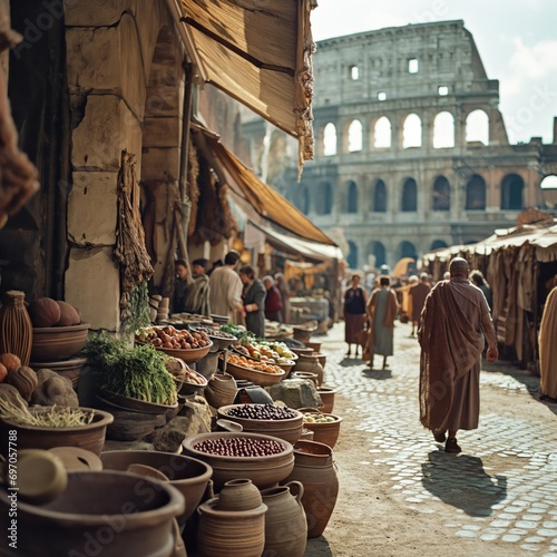 Vivid depiction of a bustling ancient marketplace with various food stalls and people in traditional clothing