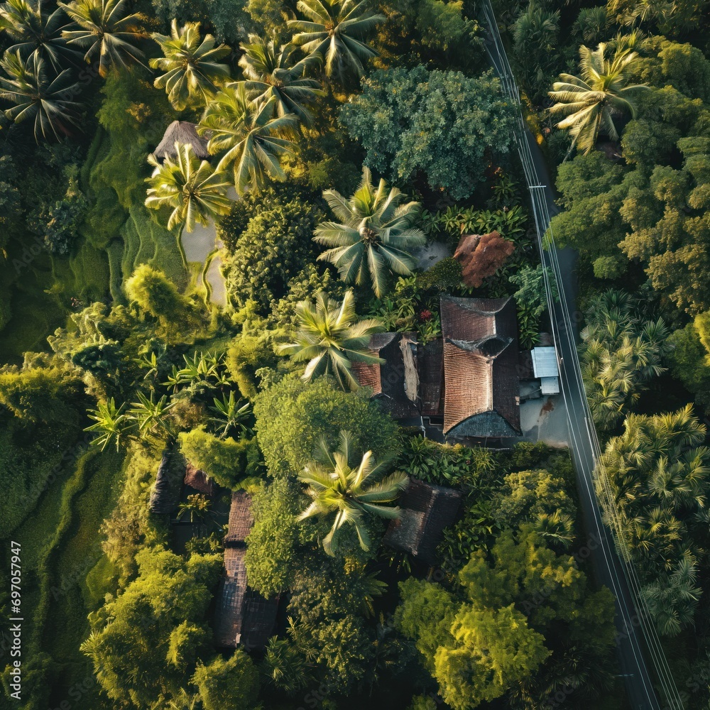 Aerial view depicting a top angle of traditional houses nestled amidst a lush green tropical