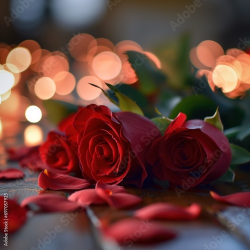 A serene setting of red roses and fallen petals against a warm  bokeh light background  expressing love