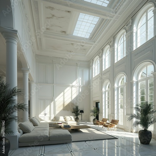 Elegant neoclassical style interior with expansive windows, high ceilings and chandeliers in a luxurious home