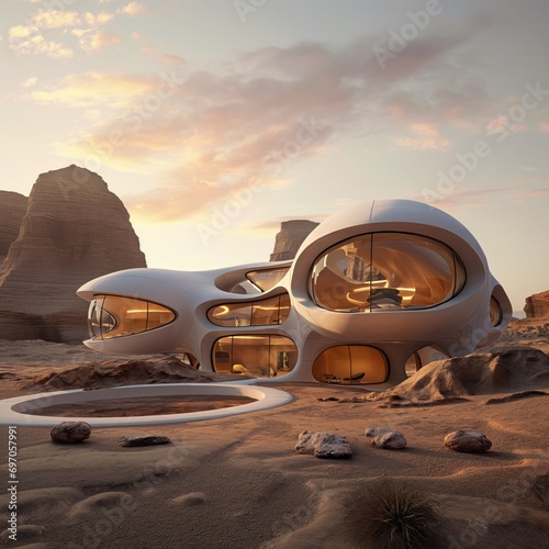 Futuristic architecture of a desert habitat glowing with a golden hue at sunset, surrounded by sandy terrain photo