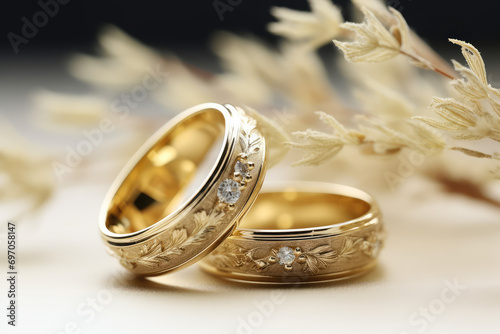 two gold wedding rings with baby's breath, in the style of dao trong le, flower and nature motifs, quietly poetic, gold, minimalist backgrounds, 32k uhd, yellow and gold photo