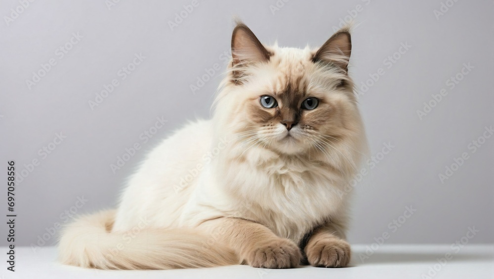 Obraz premium A Birman cat with a luxurious cream coat and deep blue eyes poses gracefully on a white studio background.