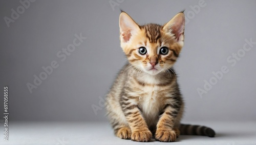 An adorable Bengal kitten gazes curiously, sitting on a grey studio background with distinctive tabby markings.