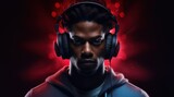 African american man in headphones with dark background in red