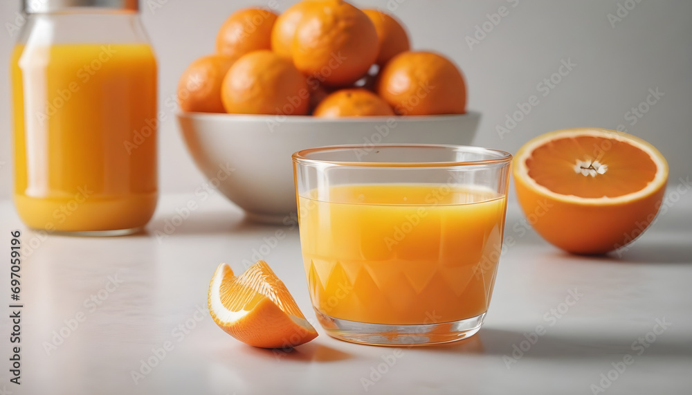 A jar of orange juice next to an orange slice and an orange. A jar of orange juice next to an orange slice and an orange.