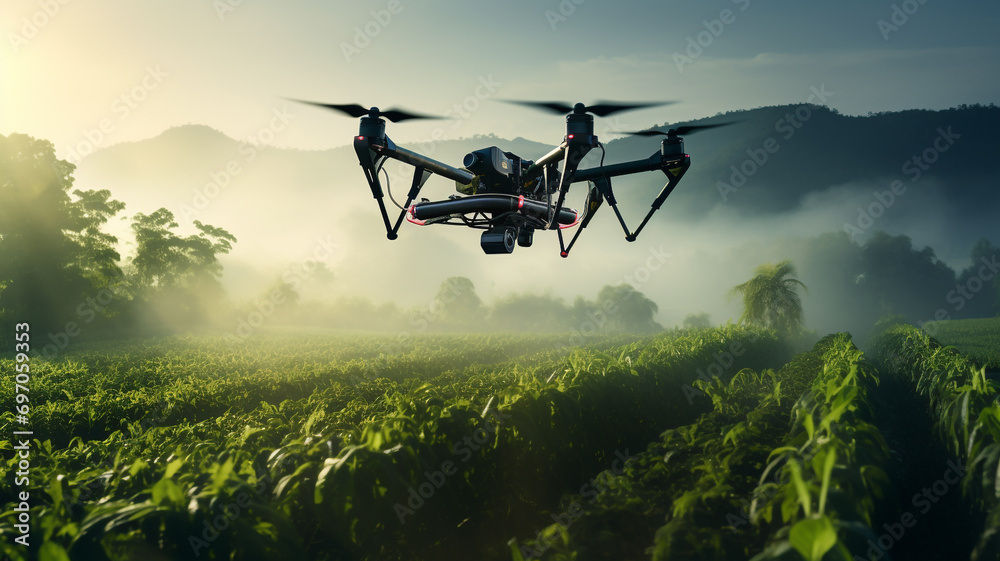 AI-controlled agricultural drones monitoring crop AI-controlled agricultural drones monitoring crop