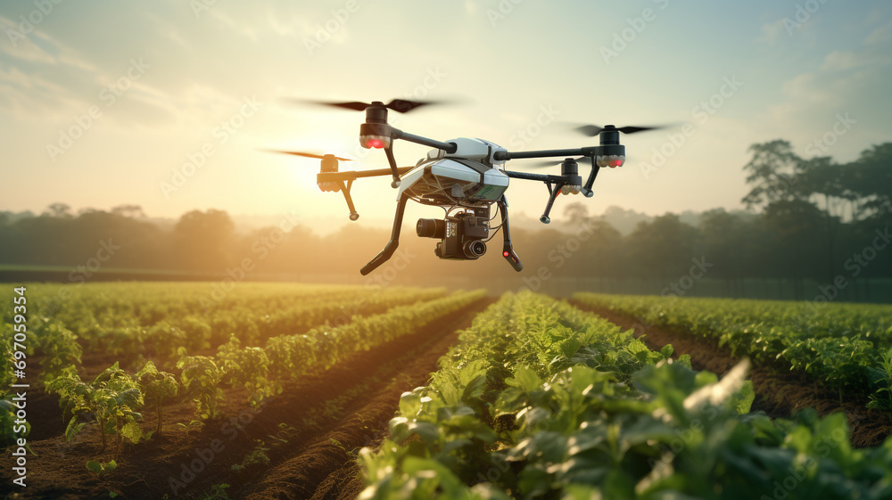 AI-controlled agricultural drones monitoring crop