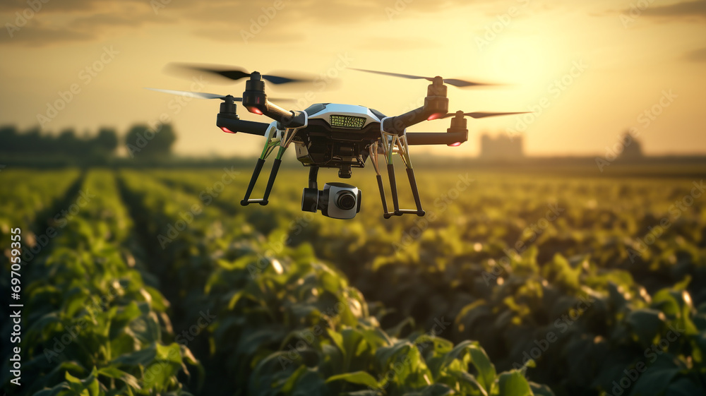 AI-controlled agricultural drones monitoring crop AI-controlled agricultural drones monitoring crop