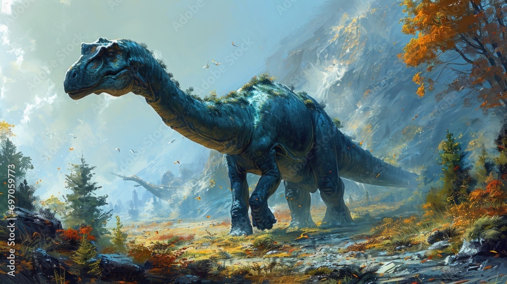 Fototapeta premium Brachiosaurus Dinosaur in a whimsical and colorful style. In natural habitat. Jurassic Park.