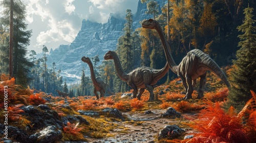 Diplodocus Dinosaur in a whimsical and colorful style. In natural habitat. Jurassic Park. © Татьяна Креминская