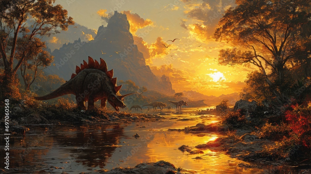 Obraz premium Stegosaurus Dinosaur in a whimsical and colorful style. In natural habitat. Jurassic Park.