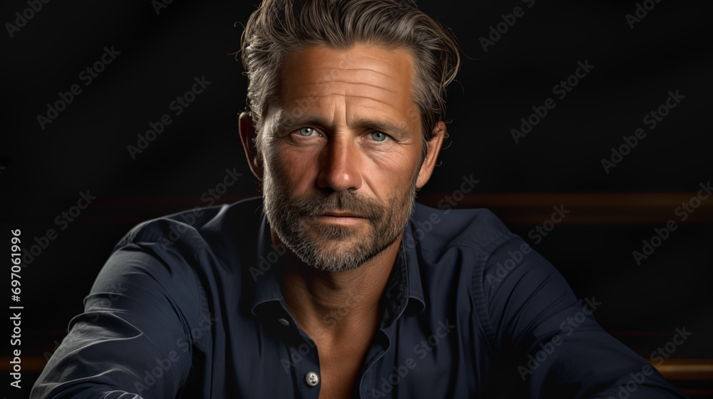 Handsome Content Middle-aged Male Portrait. Generative AI.