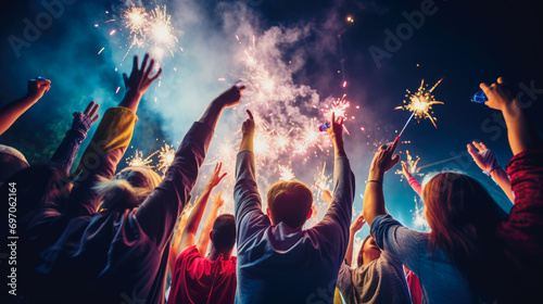 Crowd of People Watch Fireworks Display for New Years or Fourth of July Celebration comeliness