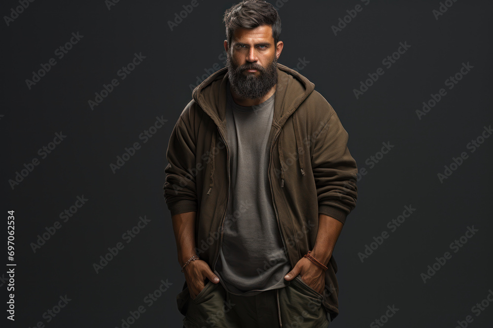 An individual with a confident stance, isolated on a gray background, illustrating the strength found in solitude. Generative Ai. An individual with a confident stance, isolated on a gray background, illustrating the strength found in solitude. Generative Ai.