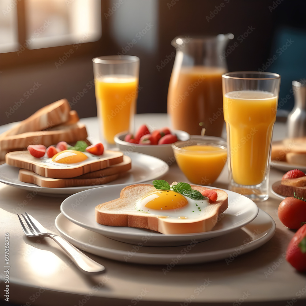Breakfast drinks and toast near cutlery Breakfast drinks and toast near cutlery