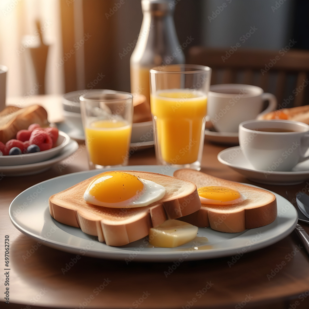 Breakfast drinks and toast near cutlery Breakfast drinks and toast near cutlery