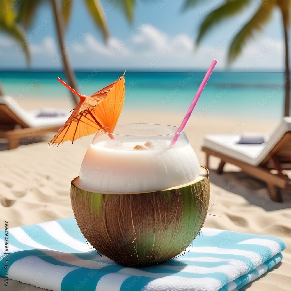 Coconut cocktail on the beach, Tropical Delight: A Captivating Close-Up Photograph of a Coconut Drink on a Towel, Amidst Sun Loungers, Parasols, and the Vibrant Serenity of a Sunny Tropical Beach Coconut cocktail on the beach, Tropical Delight: A Captivating Close-Up Photograph of a Coconut Drink on a Towel, Amidst Sun Loungers, Parasols, and the Vibrant Serenity of a Sunny Tropical Beach