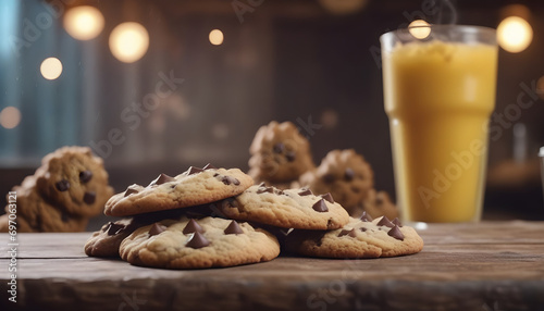 Cookies on rustic table  furry monster eats   drinks on bakery curtain background.