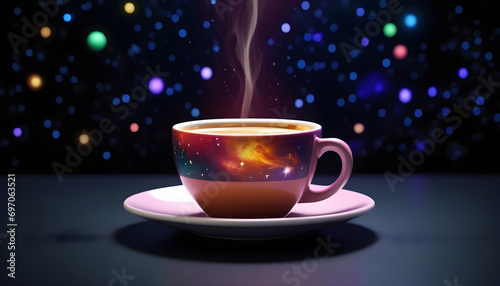 Illustration design of a high-quality  universally colorful technology stock image featuring a space-themed cup of coffee against a dark background.