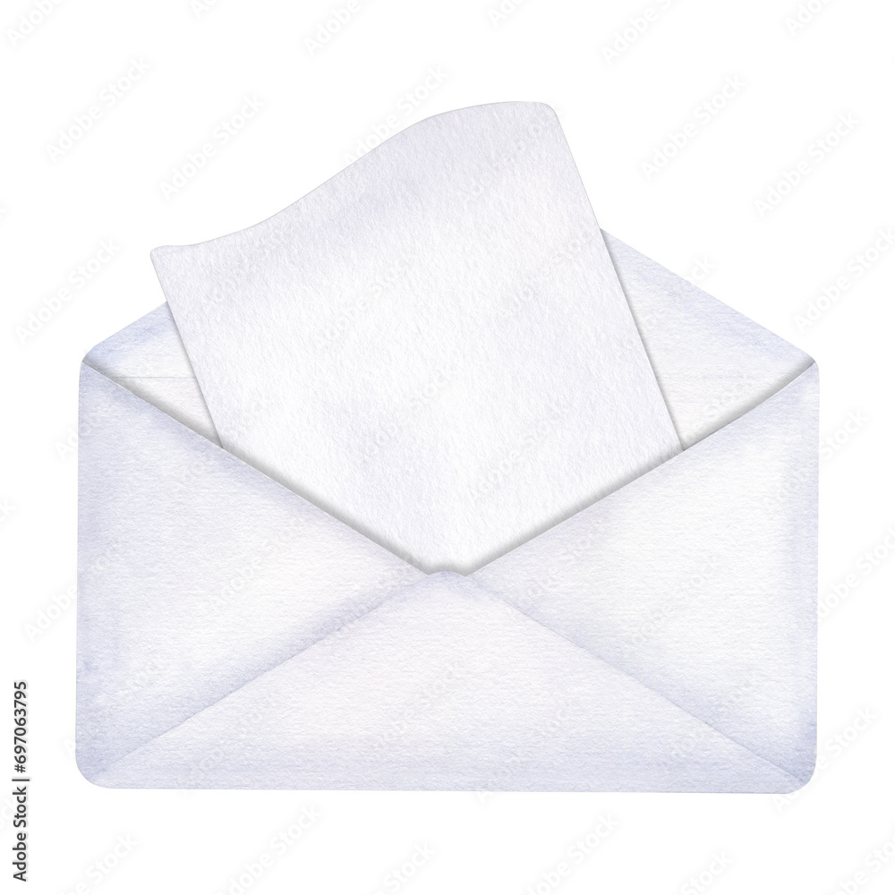 Open white envelope with empty letter. Blank for design. Vintage mail. Realistic art. Hand drawn watercolor illustration isolated on white background. For postcards, invitations Open white envelope with empty letter. Blank for design. Vintage mail. Realistic art. Hand drawn watercolor illustration isolated on white background. For postcards, invitations
