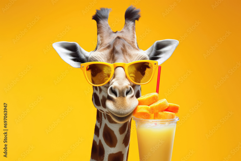 portrait of a giraffe in yellow sunglasses, with a glass of cold juice, on a yellow background.