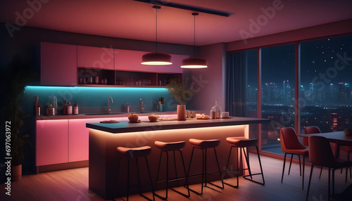 Nighttime illustration of a modern kitchen with a counter bar pendant lights neon lights glass window and decor 
