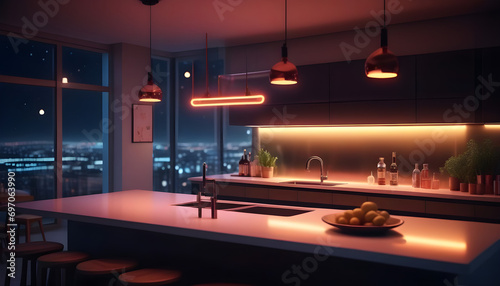 Nighttime illustration of a modern kitchen with a counter bar pendant lights neon lights glass window and decor 