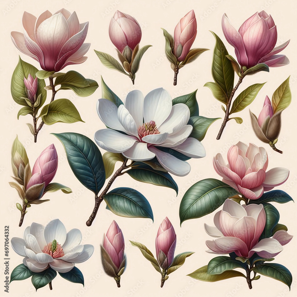 Set of magnolia flowers.