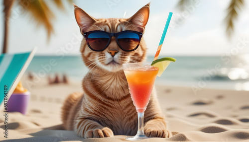 Portrait of a cat in sunglasses, which lies on a sandy beach and drinks a cocktail from a glass with a straw. © Antonio Giordano
