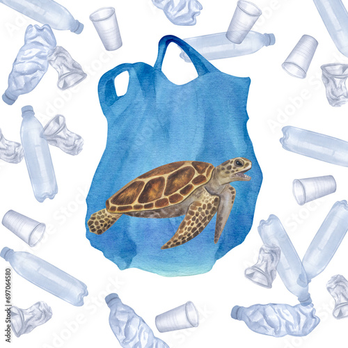 Sea turtle got entangled in a plastic bag. Ocean pollution. Great Pacific Garbage Patch. Disposable blue transparent bottles and cups. Hand-drawn watercolor illustration isolated background. photo