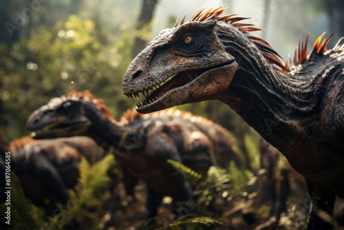 A diorama featuring a pack of velociraptors in a hunting scene  illustrating the behavior and social dynamics of these iconic dinosaurs. Generative Ai.