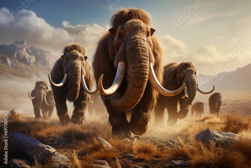 A diorama depicting a herd of woolly mammoths in a Pleistocene landscape, exploring the lives of these Ice Age giants. Generative Ai. © Sebastian