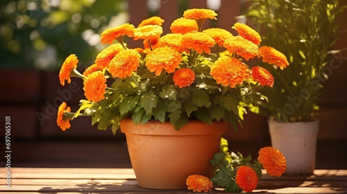 Orange marigolds in terracotta pot on warm summer scene 3D Rendering