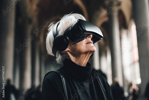 Elderly woman wearing virtual reality glasses in the interior of a church © GoldenART
