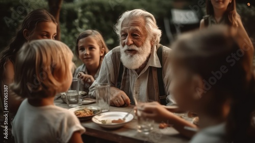 appy Senior Grandfather Talking and Having Fun with His Grandchildren, Holding Them on Lap at an Outdoors Dinner with Food and Drinks. Adults at a Garden Party Together with Kids