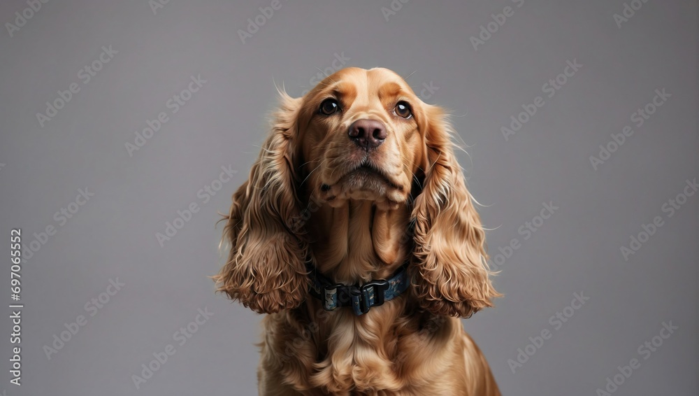 An English Cocker Spaniel with a shiny chestnut coat looks up, wearing a blue collar, its wavy ears framing a gentle, hopeful expression set against a soft gray backdrop.