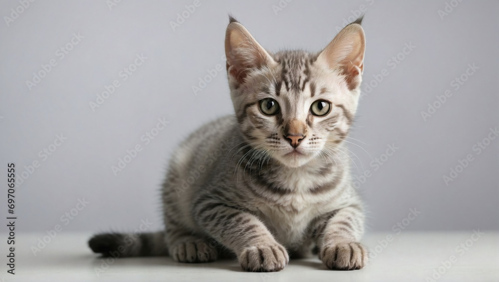 A young Egyptian Mau kitten with a silvery, spotted coat crouches on a smooth surface, its green eyes and striped markings radiating alertness and curiosity.