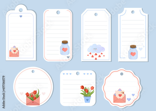 Valentine's Day printable tags collection. Love, heart, holiday sticker kit. Vector illustration.