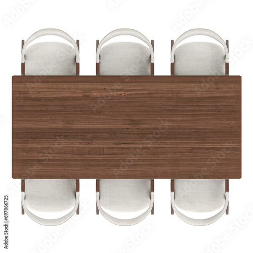 Fototapeta Naklejka Na Ścianę i Meble -  Wooden dining table, six fabric dining chairs with wood bases, top view ,on transparent background, 3d rendering
