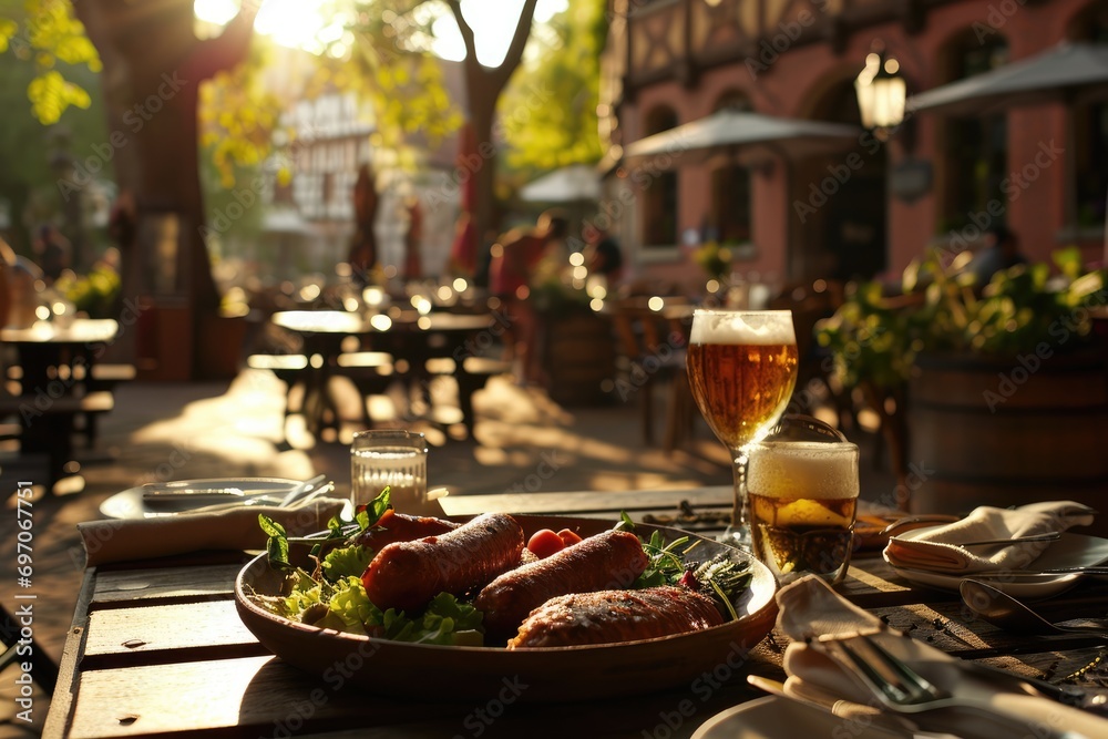 Belgian Beer Bliss: Immerse Yourself in the Culinary Delights of a Picturesque Beer Garden, Where Friends Gather, and a Tempting Platter Awaits.

