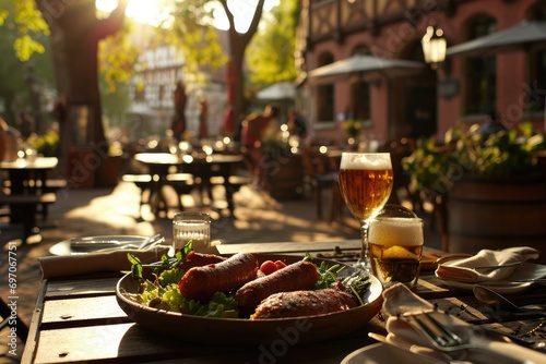 Belgian Beer Bliss: Immerse Yourself in the Culinary Delights of a Picturesque Beer Garden, Where Friends Gather, and a Tempting Platter Awaits.