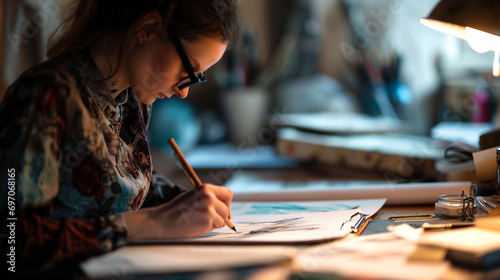 happy fashion designer, high-resolution, capturing the moment of inspiration as she writes ideas in a notebook, with a focus on the pen, paper photo