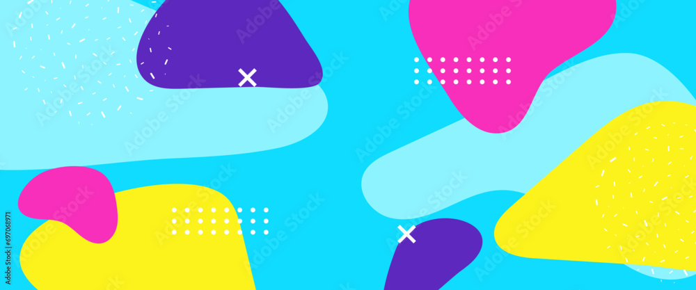 Colorful colourful abstract pop art color paint splash pattern banner. Vector overlay geometric design of trendy memphis style. Trendy Memphis 80s-90s style