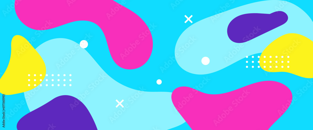 Colorful colourful abstract pop art color banner paint splash. Vector overlay pattern geometric forms with line and dots in trendy memphis 80s-90s style.. Trendy Memphis 80s-90s style