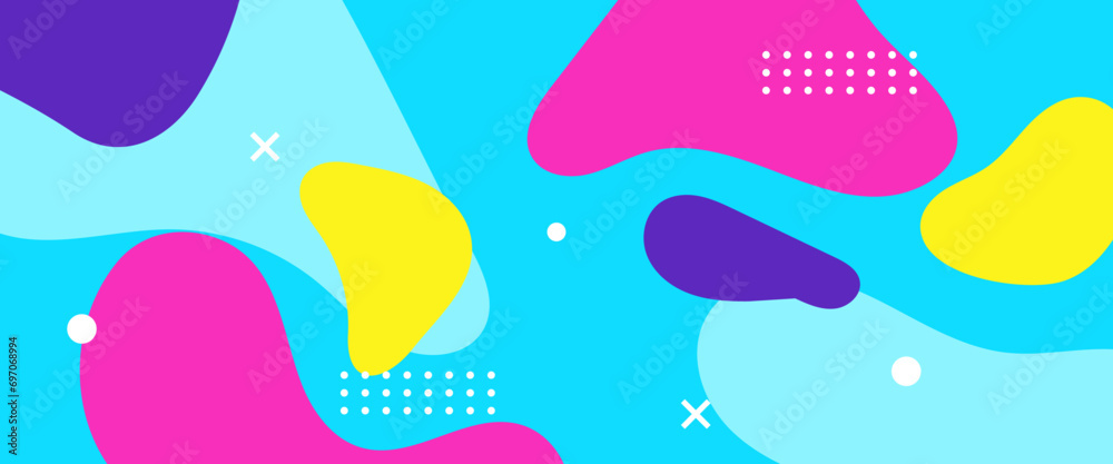 Colorful colourful abstract pop art memphis design. Colour shapes with memphis geometric. 90s pattern. Splash fun banner. Vector Illustration. Trendy Memphis 80s-90s style